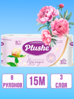 Туалетная Бумага Plushe Премиум "Пион" 15 метров, 8 рулонов, 3 слоя, белая, ароматизированная 1/8